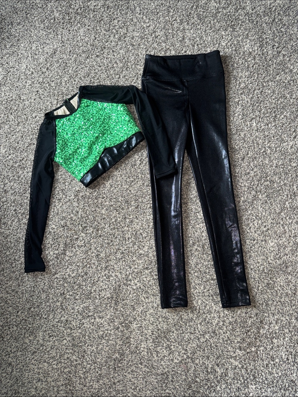 Black Shiny High-Waist Leggings with Green Sequin Crop Top- Dance Outfit